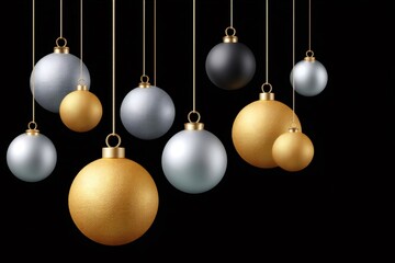 Hanging gold silver black Christmas ornaments on black