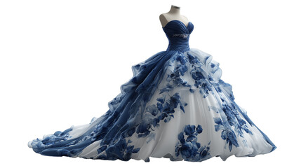 Elegant Blue and White Ball Gown Dress, Stunning Floral Evening Gown for Special Occasions, Luxury Princess Style Wedding and Prom Dress
