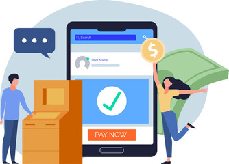 Mobile Payment Illustration with Green Checkmark Showing Secure Payment Through Transaction with Characters and Devices