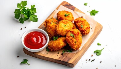 Crispy fried nuggets, ketchup, parsley on a wooden board