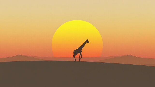 Walking solitary giraffe silhouette along sloping ridge under sinking sun, with gradient sky