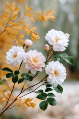 Fototapeta premium White and pink roses blooming in autumn garden