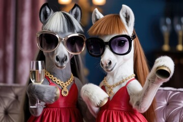 Two fashionable horses wearing sunglasses and elegant red dresses, posing with champagne glasses in a luxurious setting, showcasing a playful and glamorous lifestyle