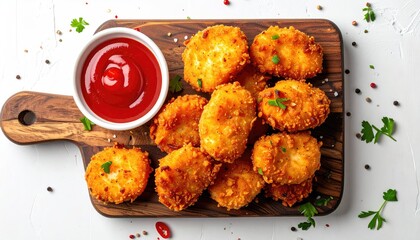 Crispy, golden-brown chicken nuggets on a wooden board with ketchup