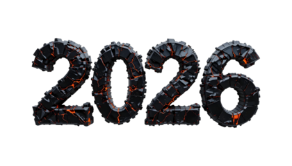 2026 New Year Obsidian Numbers PNG Transparent Background Cracked Volcanic Texture with Glowing Orange Magma Fissures