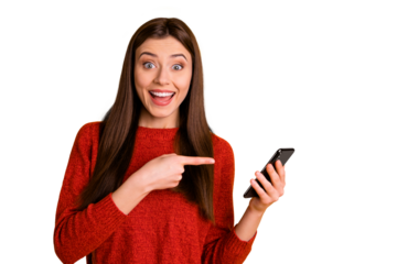 Photo of cheerful attractive overjoyed cute trendy youngster pointing at her telephone expressing amazement with face wearing red sweater isolated over vivid color background