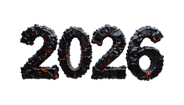 2026 New Year Obsidian Numbers PNG Transparent Background Cracked Volcanic Texture with Glowing Orange Magma Fissures