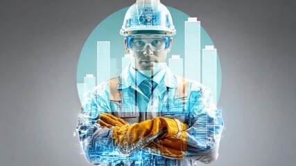 Image of a confident construction worker with protective gear, with construction site and graph visuals overlayed in a digital and business world, concept of progress and growth. - Powered by Adobe