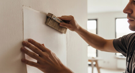 Worker gluing white wallpaper in an apartment, close-up