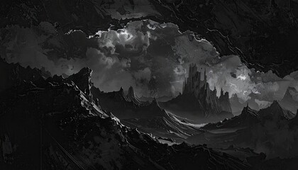 Dark, mountainous landscape with a castle, framed by a rocky cave-like opening, under a stormy sky