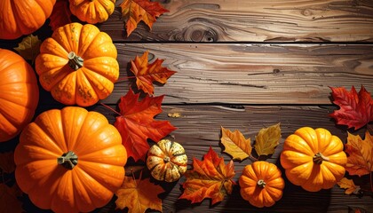 Autumn pumpkins and leaves on rustic wood