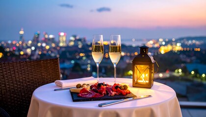 Romantic rooftop dinner table with champagne flutes and snacks, set against a stunning city skyline at twilight or sunset.