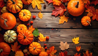 Autumn harvest pumpkins and leaves on a rustic wooden surface