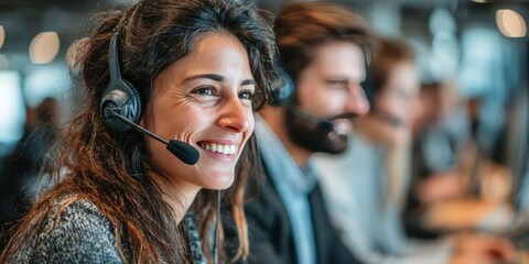 Smiling customer service representatives wearing headsets in an office setting, blurred background