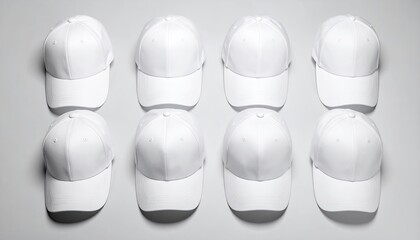 Nine identical white baseball caps arranged in a grid pattern on a light gray surface