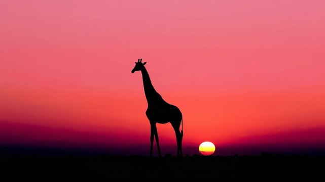 Welcoming sunrise, solitary giraffe shifting stance and stepping forward on savannah, silhouette