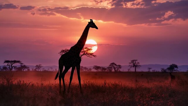 Walking lone giraffe stepping across grassy savanna as sun nearing horizon, passing acacia tree