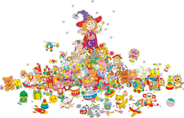 Happy little witch waving her magic wand on a large pile of colorful toys and sweets and conjuring funny tricks for little children, vector cartoon illustration isolated on a white background