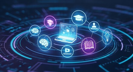 Digital learning concept with laptop icons and glowing network on a dark background