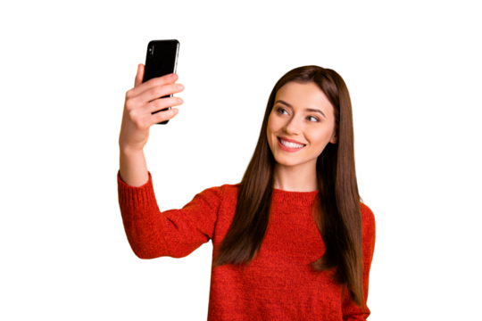 Photo of gorgeous cute fascinating charming girl taking selfie recording video smiling toothily isolated over yellow vivid color background - Powered by Adobe