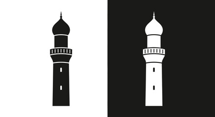 A simple graphic illustration of an Islamic minaret tower, shown in both black on white and white on black.