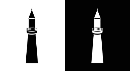 A simple black and white graphic icon showing the silhouette of a mosque minaret and its inverse.