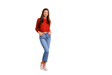 Full length body size photo of cute nice attractive millennial youngster with hands in pockets standing near empty space smiling toothily isolated over vivid color background