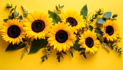 Naklejka premium Bright yellow sunflowers and greenery