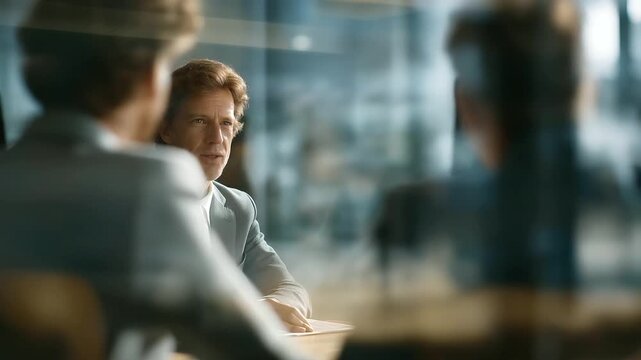 group of diverse MBA professionals collaborating on case study around large wooden table natural daylight streaming soft chatter of brainstorming three quarter wide angle