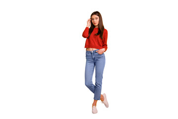Full length body size photo of cute charming gorgeous pretty youngster posing in front of camera...