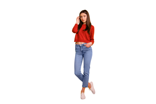 Full length body size photo of cute charming gorgeous pretty youngster posing in front of camera isolated over vivid color background - Powered by Adobe