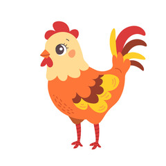 Cute cartoon cockerel on white background. Flat kids illustration of farm animal. Vector rooster isolated