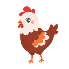 Cute cartoon hen on white background. Flat baby illustration of farm animal. Vector chicken isolated