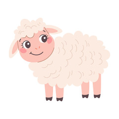 Cute cartoon sheep on white background. Flat kids illustration of farm animal. Fluffy lamb vector isolated