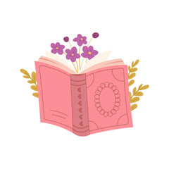 Open book with flower branch. Blooming books, paper sheets with flowers. Flat vector illustration on white background
