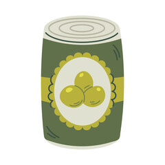 Preserved jar with olives. Metal can, olives in  jar, preserves with olives. Flat vector illustration