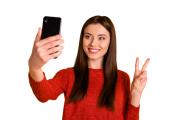 Photo of cheerful charming cute attractive young girl showing you double v-sign smiling toothily taking selfie isolated over vivid color yellow background