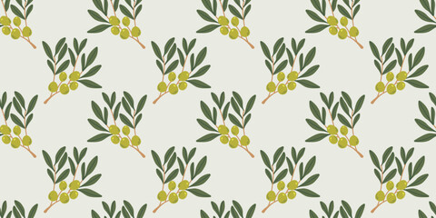 Seamless pattern with olive branches. Tree branch with leaves and olives, botanical ornament for fabric and packaging. Flat vector plants