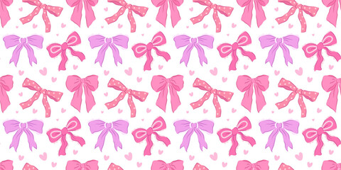 Seamless pattern with pink bows and hearts in Coquette aesthetic. Coquettecore cute bow pattern
