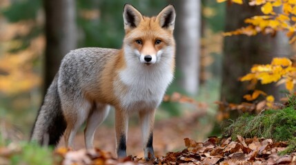Fototapeta premium Red fox standing in autumn forest watching camera