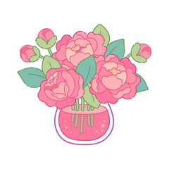 Bouquet of peonies in vase isolated. Cartoon flowers, cute kawaii style, Asian design. Vector sticker