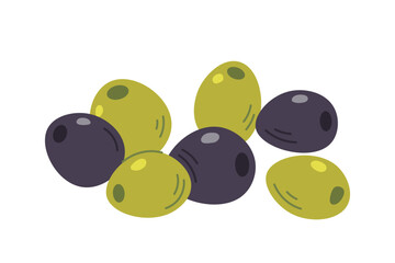 Olives and black olives on white background. Pile of olives, vegetarian food. Flat vector illustration