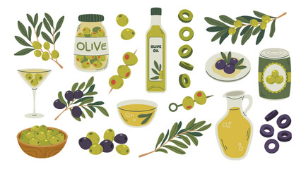 Olive set. Olive branches with green and black olives. Oil, plate and canned olives. Vector flat elements