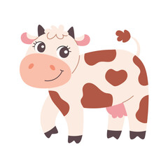 Cute cartoon cow on white background. Flat kids' illustration of farm animal. Cow vector isolated