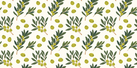 Seamless pattern with olives. Olive branches and fruits, flat vector style. Pastel ornament for fabric, packaging