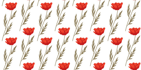 Seamless floral pattern with red poppies on white background. Vector fabric swatch with wildflowers, poppy branches