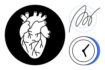 Anatomical heart inside a circle, abstract lines, and clock conveying concepts of health, time, and life. Ideal for health, medicine, biology balance punctuality vitality wellness. Simple flat