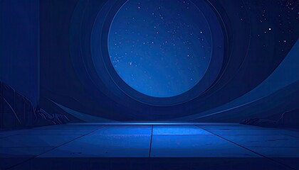 Dark, futuristic interior with large window to starry night sky