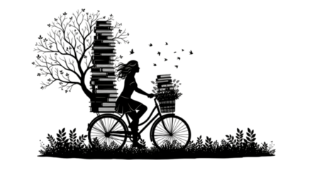 Photo of silhouette of a woman riding a bicycle with books stacked high, isolated on transparent background