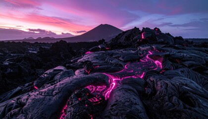Flowing lava, vibrant pink, volcanic landscape at sunset